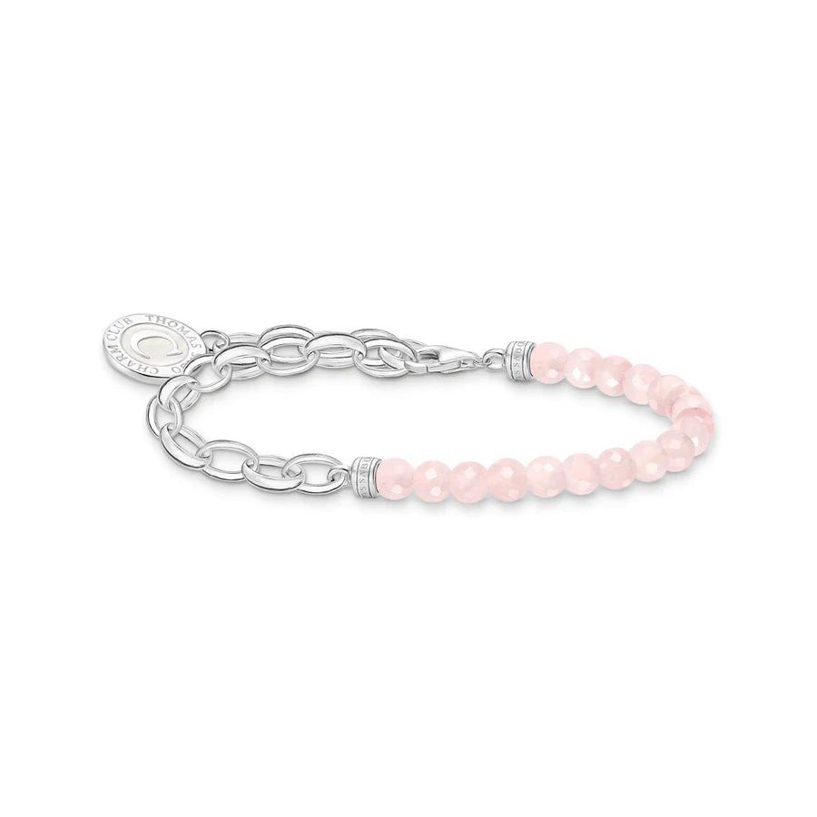 Charm Bracelet With Rose Quartz Beads And Chain Links Silver