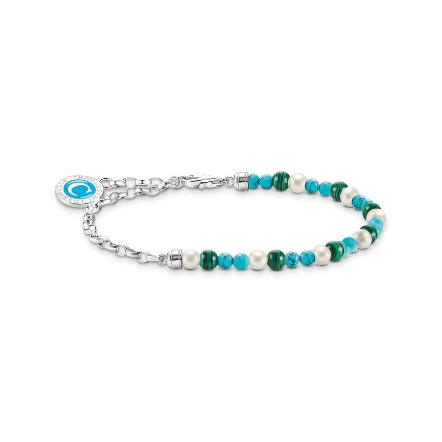 Charm Bracelet With Pearls, Turquoise And Malachite Silver