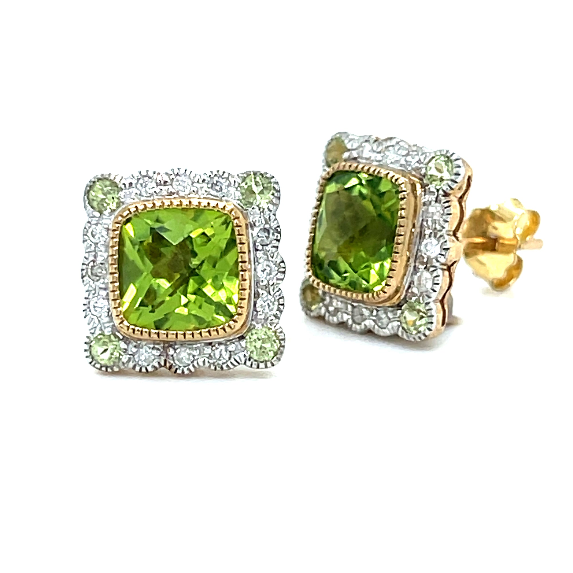 Natural Peridot & Diamond Stud Earrings